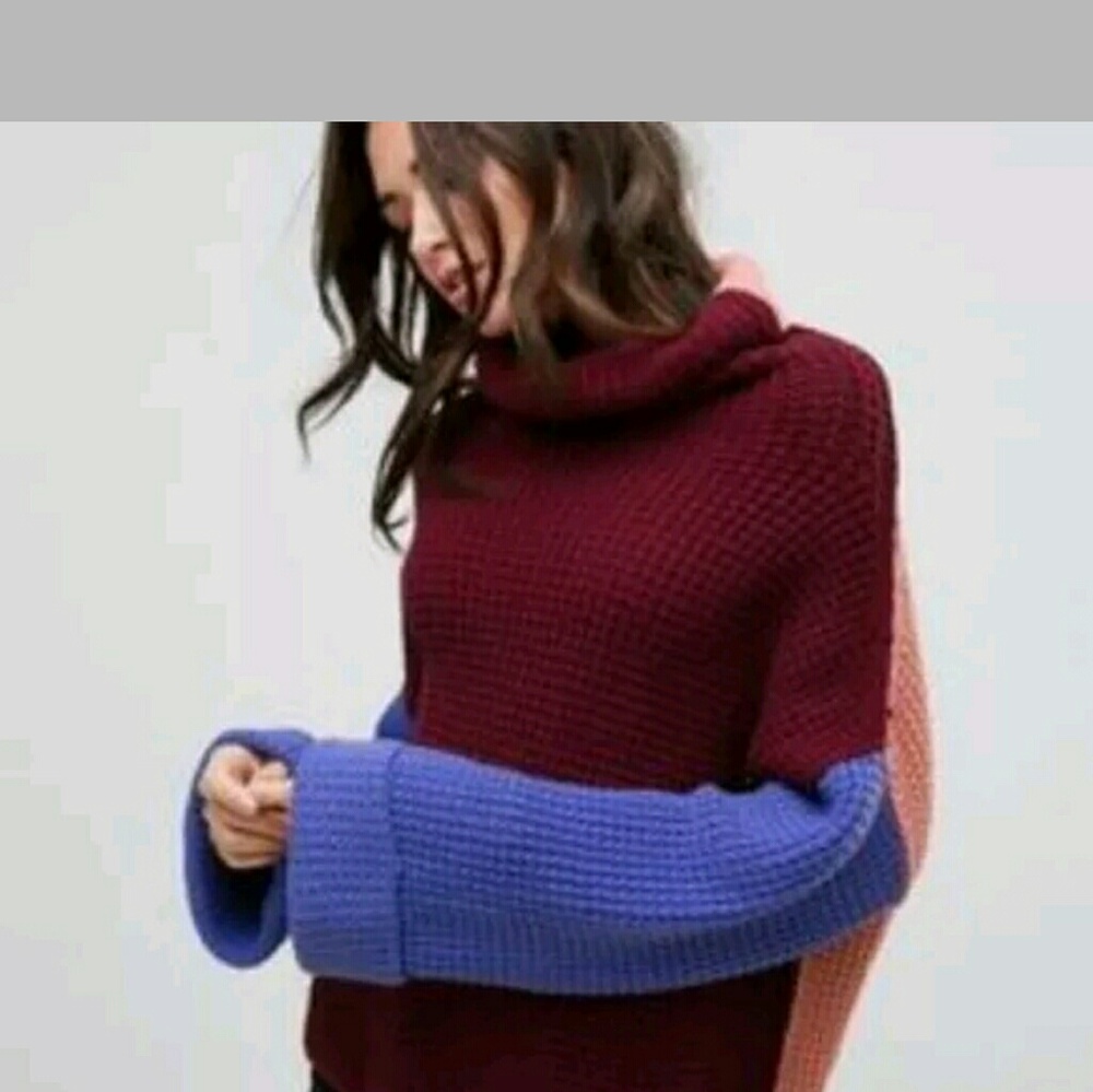 Free People Burgundy and Blue Cowl Neck Sweater